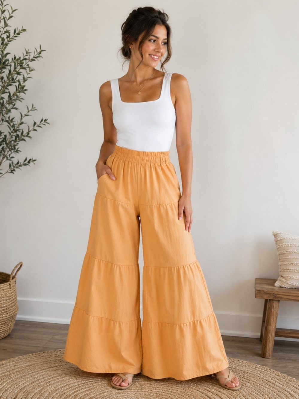 NWT WDIRARA Apricot Tiered Wide Leg Palazzo Pants | Elastic Waist | Size Small